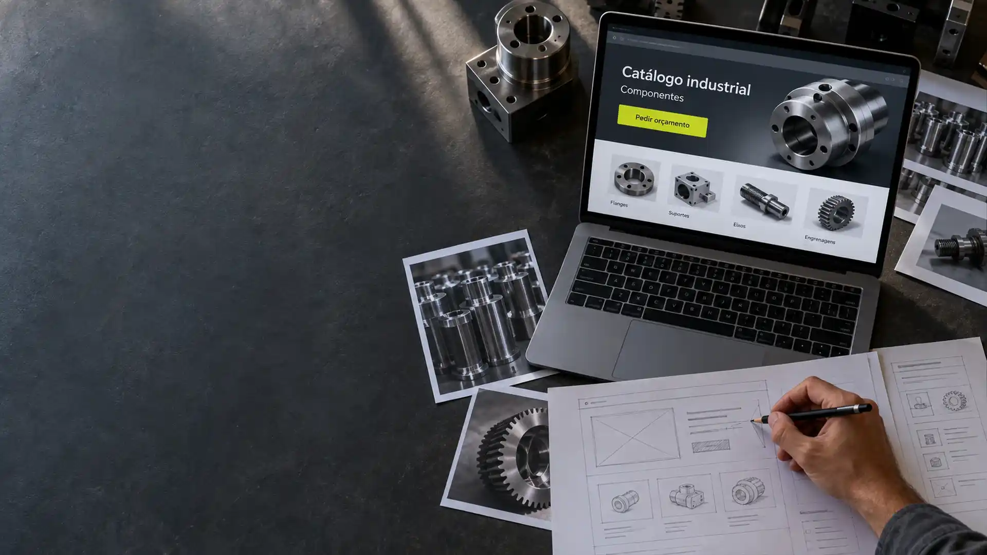 Mão desenhando o layout de um catálogo de peças ao lado do notebook com o site da indústria aberto