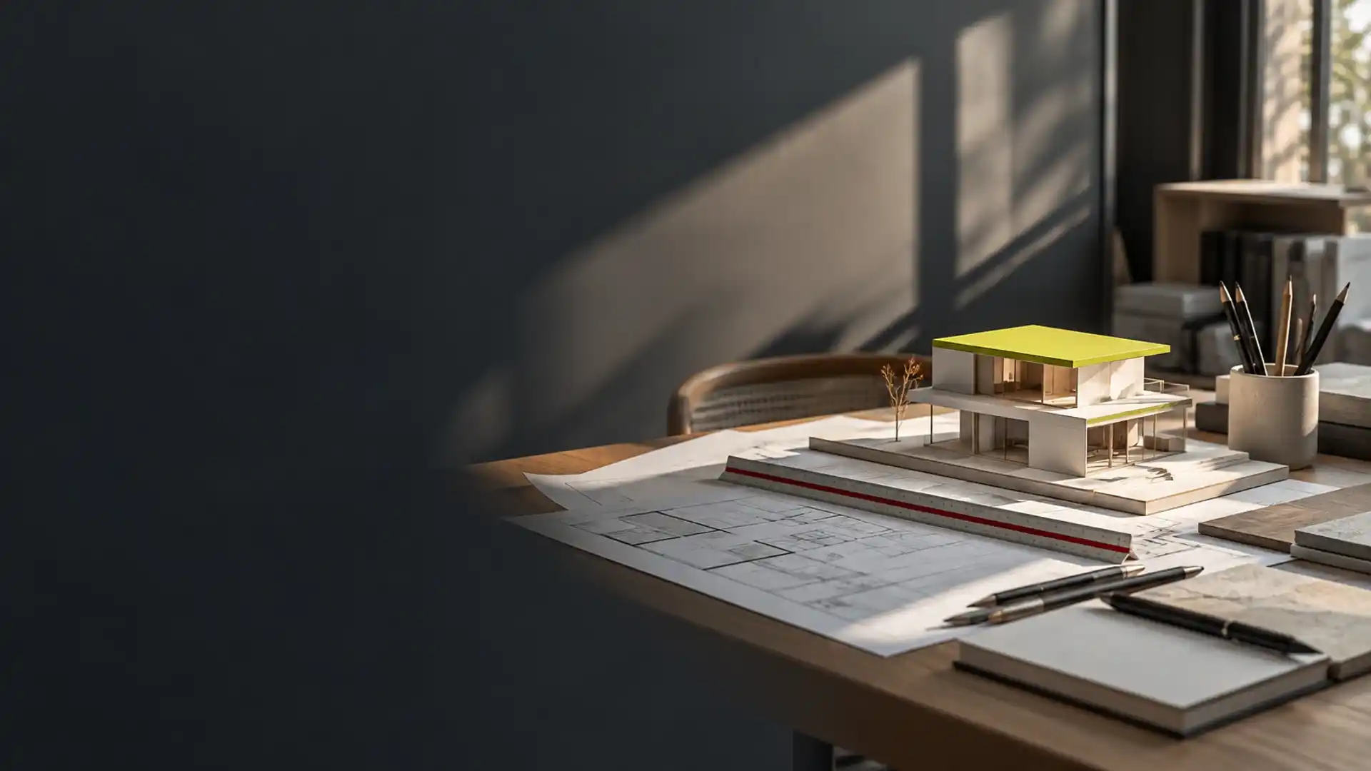 Maquete de uma casa sobre a planta de arquitetura, na mesa de um escritório de arquitetos