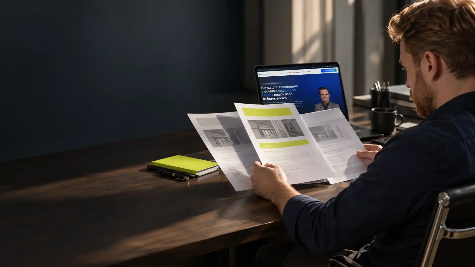 Comprador de uma empresa comparando propostas impressas de fornecedores na mesa