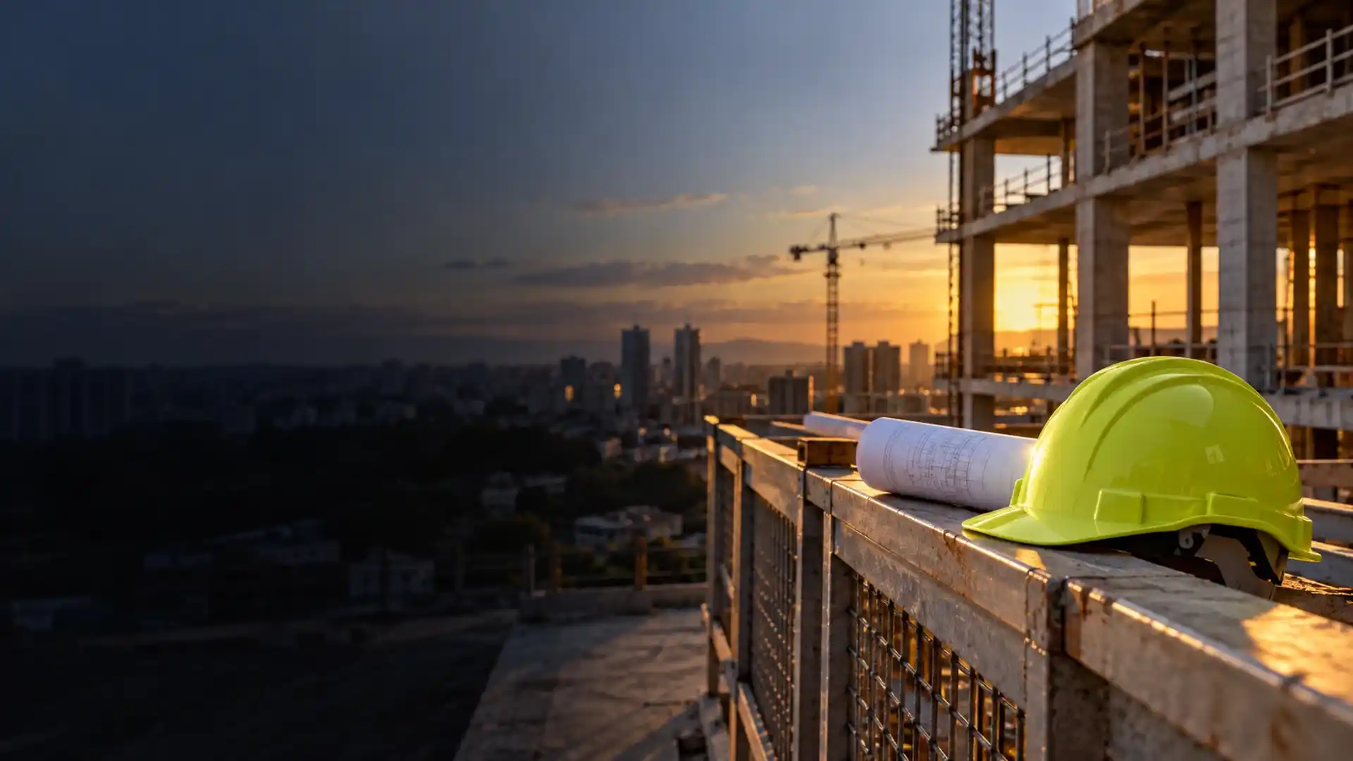 Capacete de obra e planta enrolada no parapeito de um prédio em construção ao pôr do sol