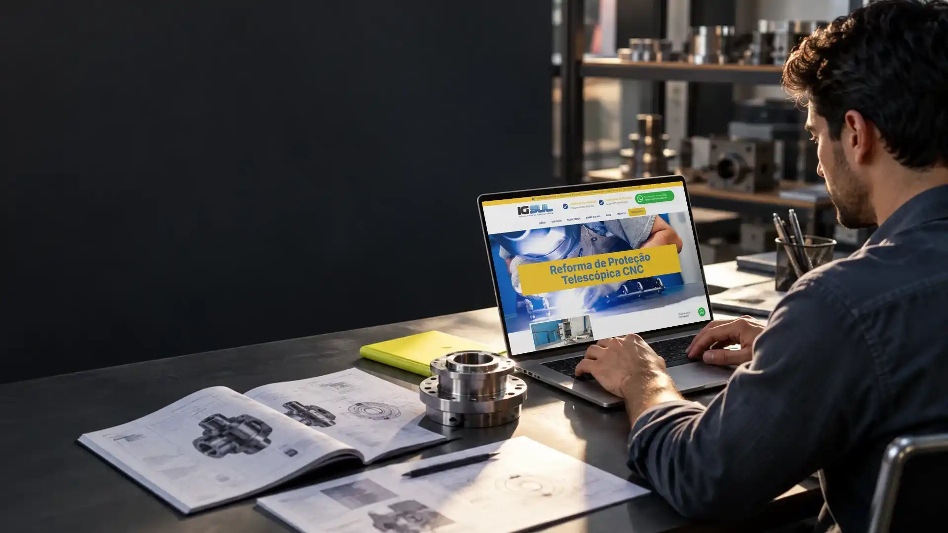 Homem consultando no notebook o site de uma indústria, com o catálogo técnico de peças aberto na mesa
