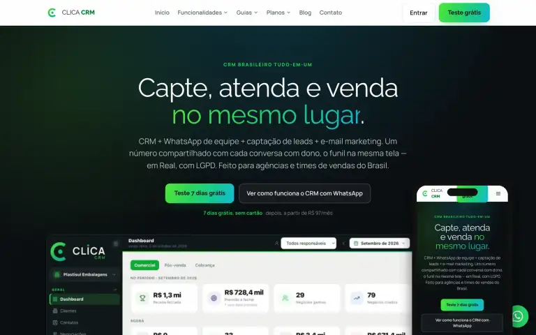 Página do CLICA CRM, CRM com WhatsApp criado pela Oleiro