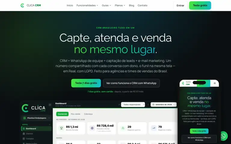 Página inicial do CLICA CRM, CRM com WhatsApp