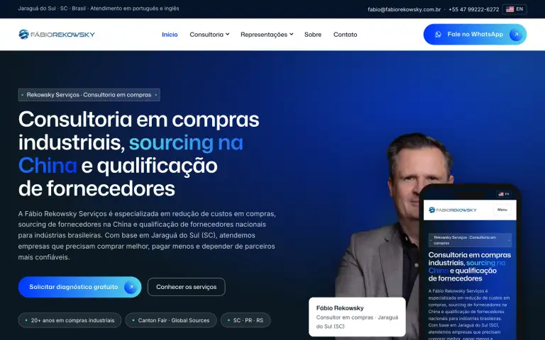 Site de Fábio Rekowsky, consultoria de compras industriais na China, no computador e no celular