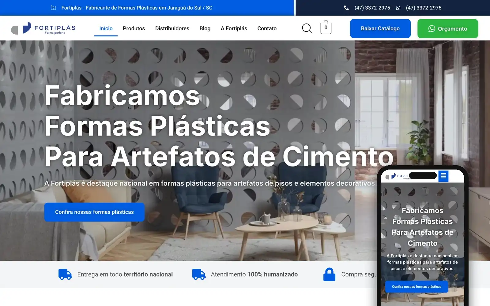 Site da Fortiplás, feito pela Oleiro, no computador e no celular
