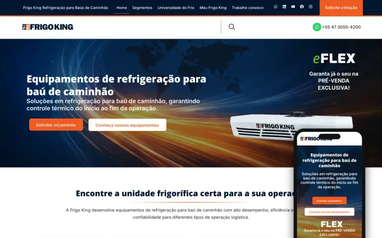 Site da Frigo King, fabricante de refrigeração para baús, no computador e no celular