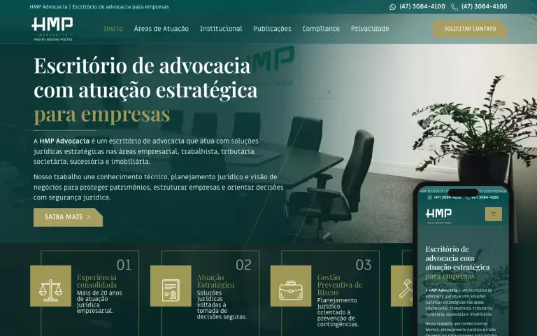 Página inicial do site da HMP Advocacia