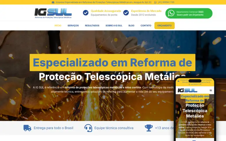 Página inicial do site da IGSUL, empresa de reforma de proteção telescópica