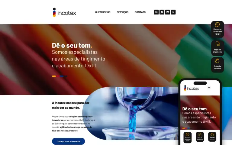 Página inicial do site da Incatex, de tingimento e acabamento têxtil