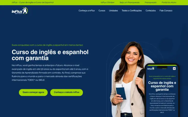 Página inicial do site da inFlux, curso de inglês e espanhol