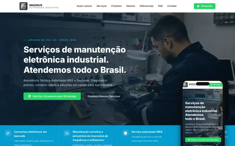 Página inicial do site da Magnus Automação, de manutenção eletrônica industrial