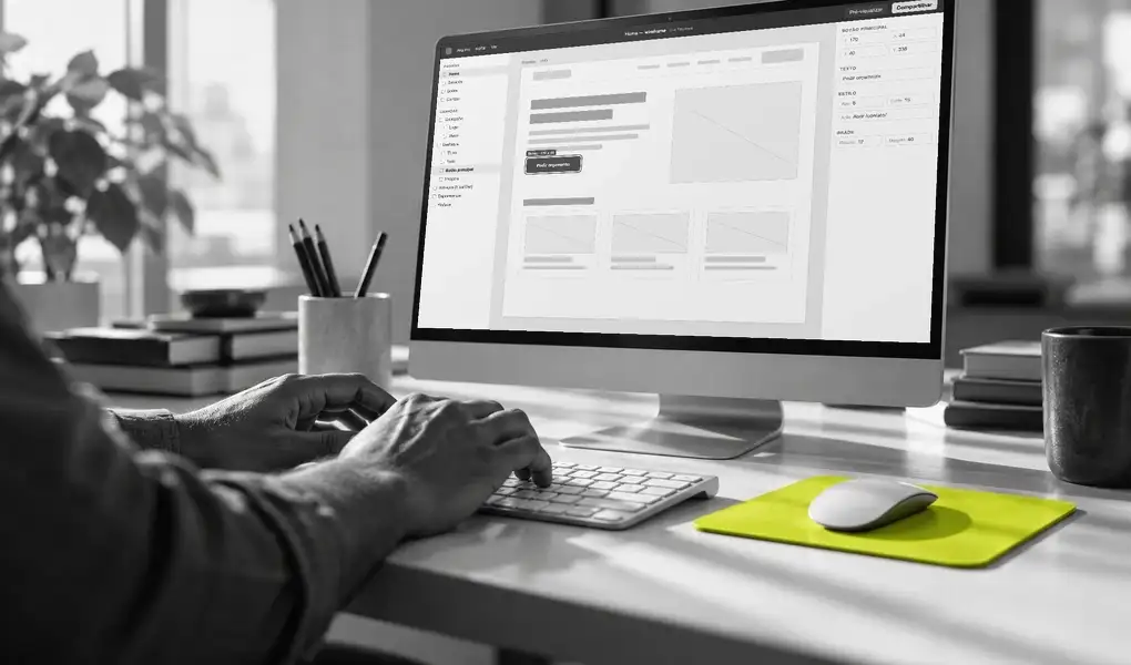Mãos no teclado diante do monitor com o wireframe de um site em montagem