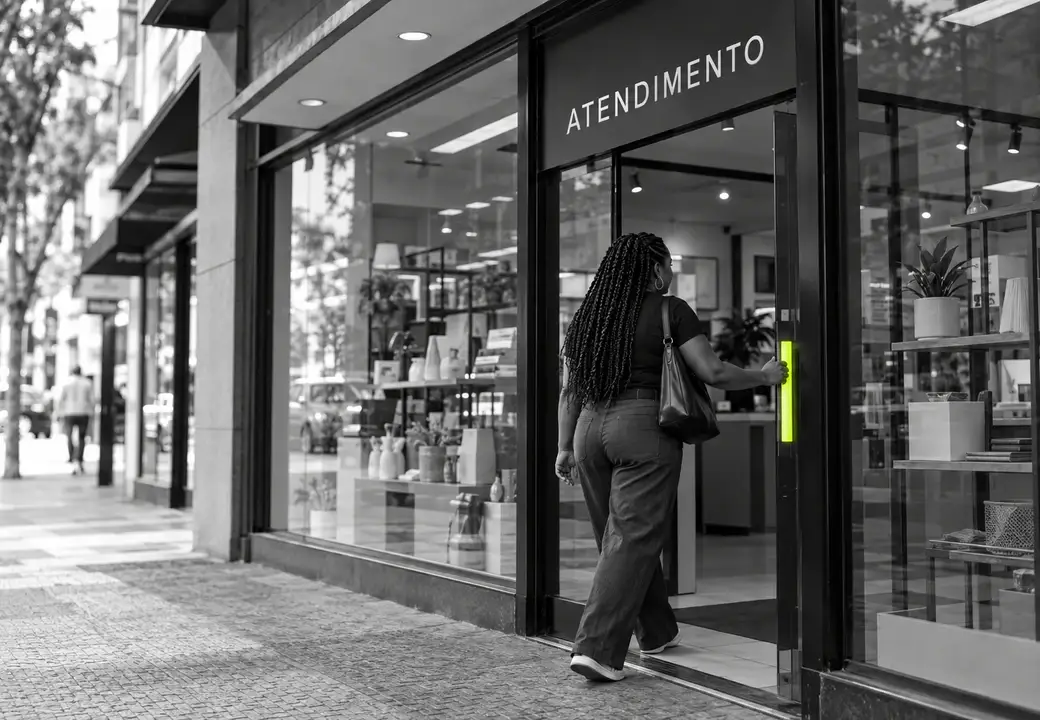 Cliente entrando pela porta de uma loja de rua