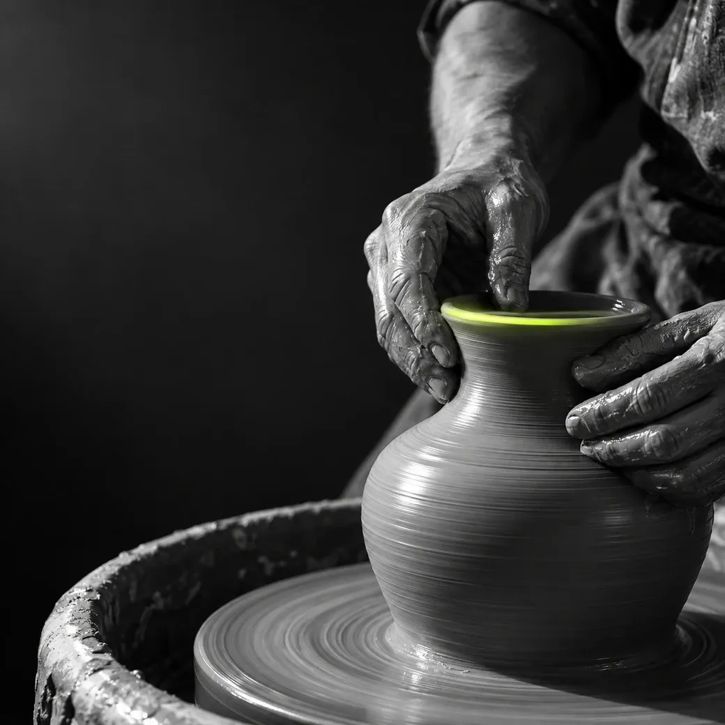 Mãos de um oleiro dando forma a um vaso no torno, com a borda iluminada