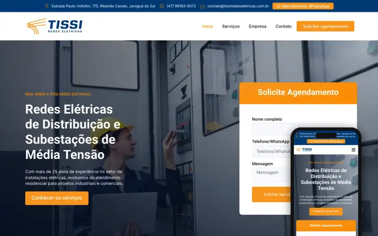 Página inicial do site da Tissi Redes Elétricas, criado pela Oleiro