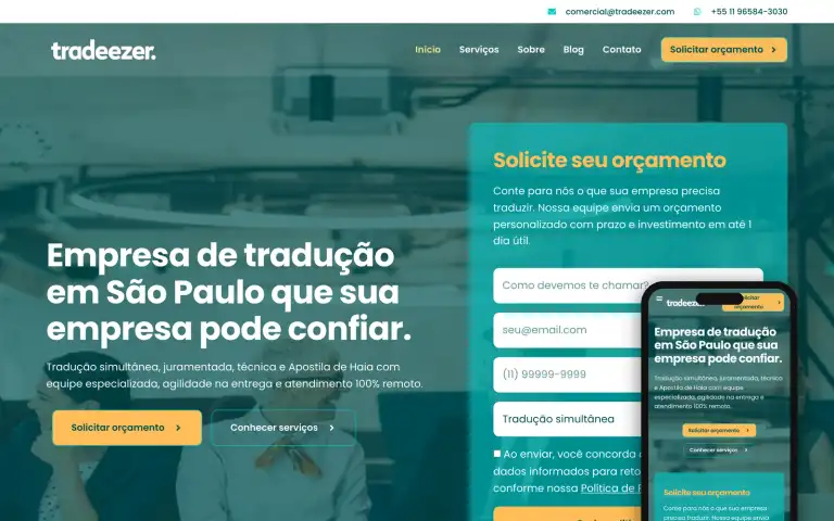 Página inicial do site da Tradeezer, empresa de tradução